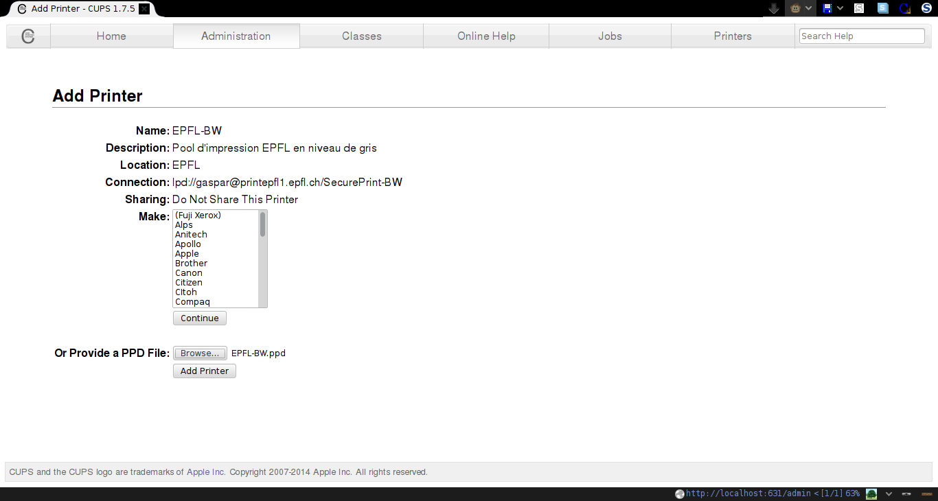 CUPS assign PPD file