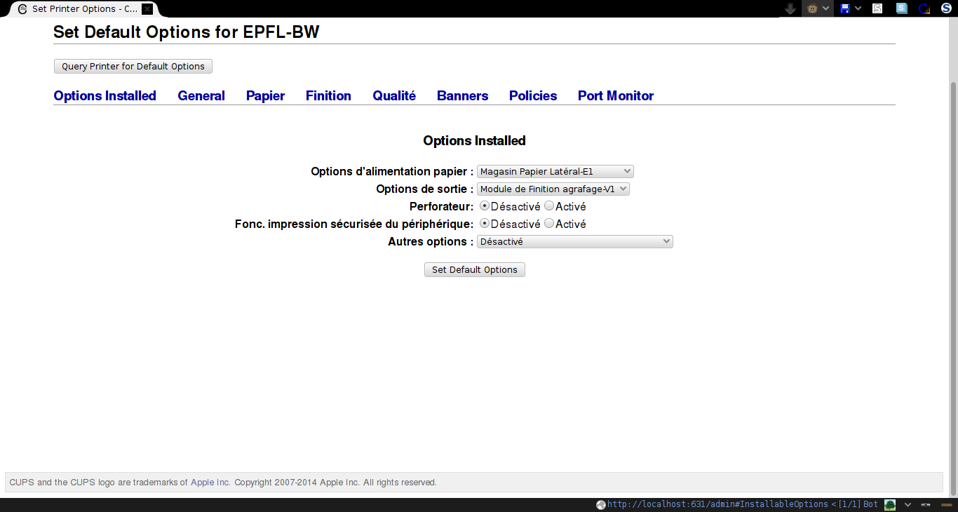 CUPS set default options